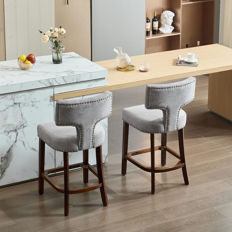 Counter Height Bar Stools Set of 2, Linen Upholstered Accent Chairs, Curved Backrest with Nailhead Trim and Splayed Legs