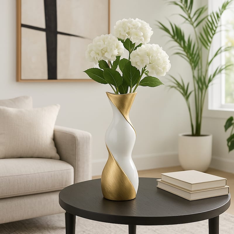 Contemporary Ceramic Twisted Vase -White and Gold Floral Vase