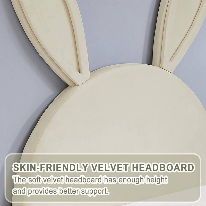 Javlergo Twin Size Kids Bed Frame with Cute Ears Velvet Headboar No Box Spring Required Bed Children's Bed