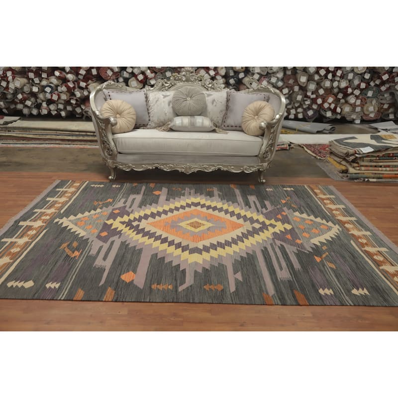 Hand Woven Oriental 100% Wool Carpet Southwestern Tribal Greys & Charcoal Kilim Area Rug - 9' 10'' X 6' 10''