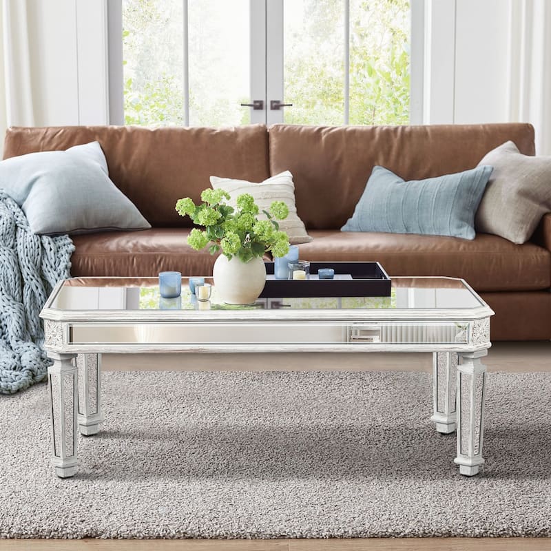 Vintage-Inspired Mirrored Coffee Table with Exquisite Carvings for Living and Office