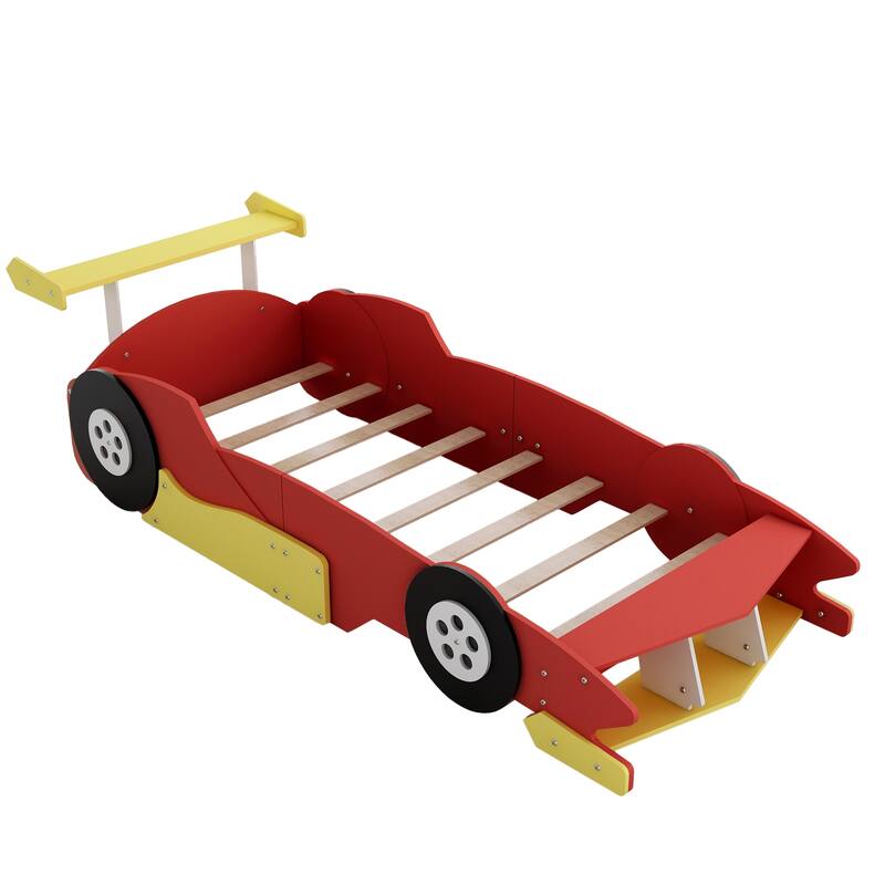 Roomfitters Twin Race Car Platform Bed with Wheels and Rails, Kids Gaming Bed