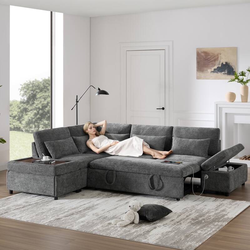 Roomfitters Modular Pull-Out Sofa with Storage Ottoman, L-Shaped Oversized Chenille Sectional for Apartment - Grey