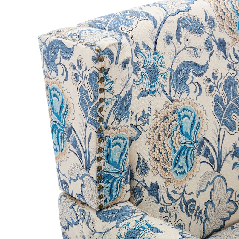 Traditional Floral Patterned Wingback Armchair with Nailhead Trim