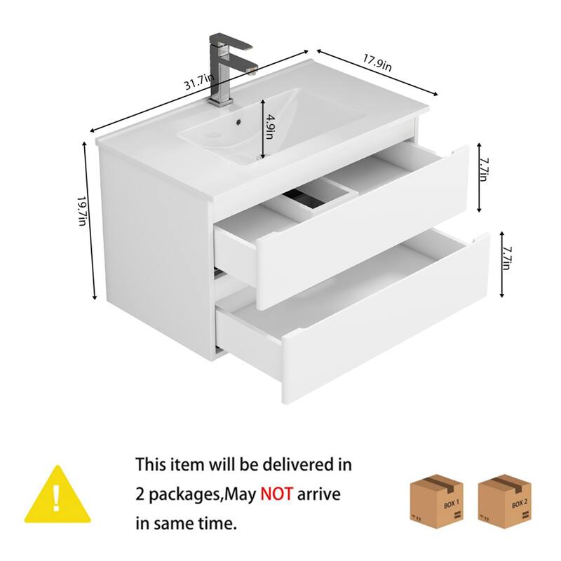 32 Inch Floating Bathroom Vanity with One-piece Ceramic Sink, Wall Mounted Cabinet with 2 Drawers