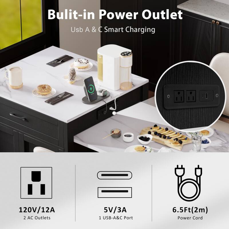 Kitchen Island With Extendable Dining Table For 4-6 Person,Two-tone Kitchen Table with Double-sized Storage,Power Outlet - N/A