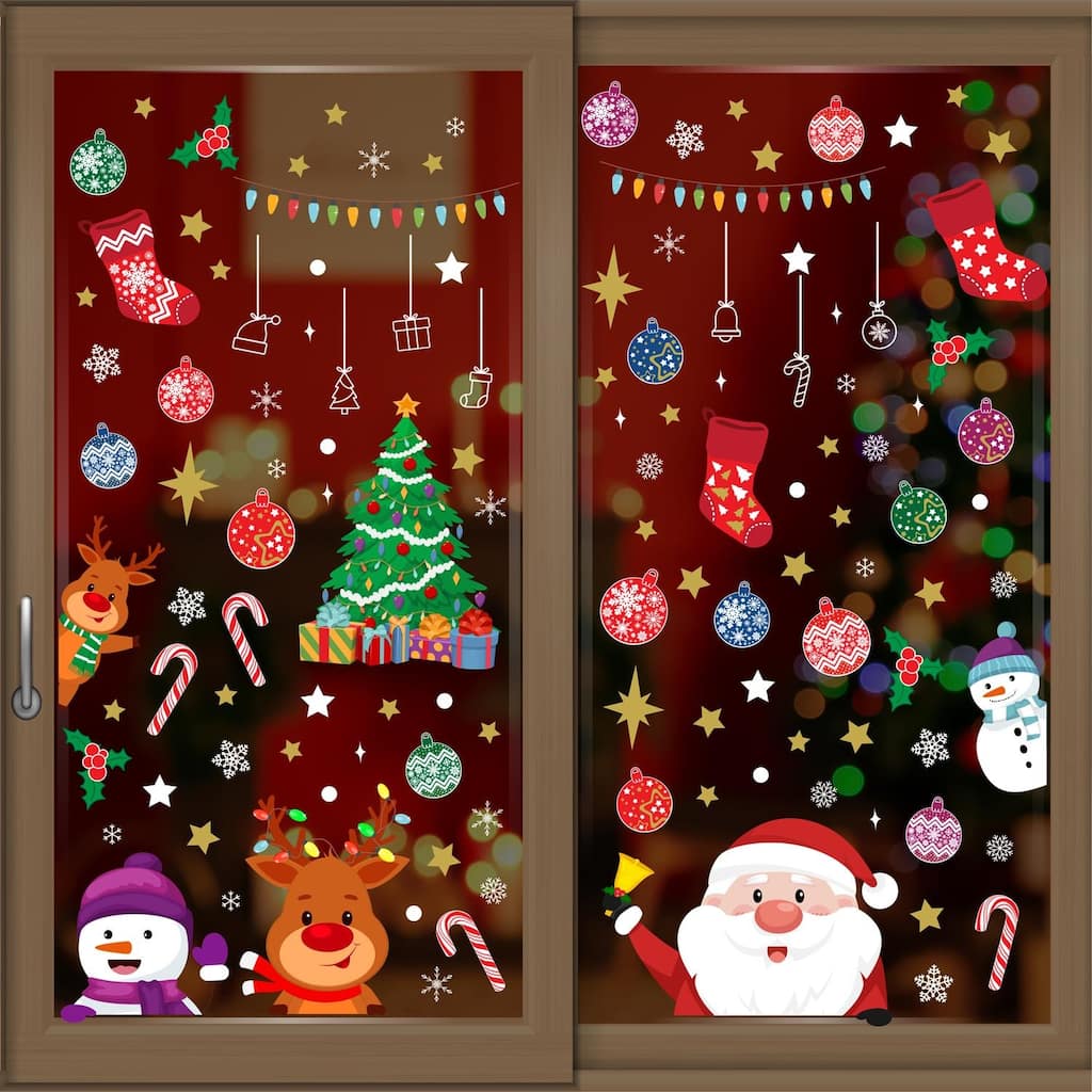 WALPLUS Xmas With Santa And Friends Christmas Window Clings Window Decoration Double Sided Reusable Removable Electrostatics PVC
