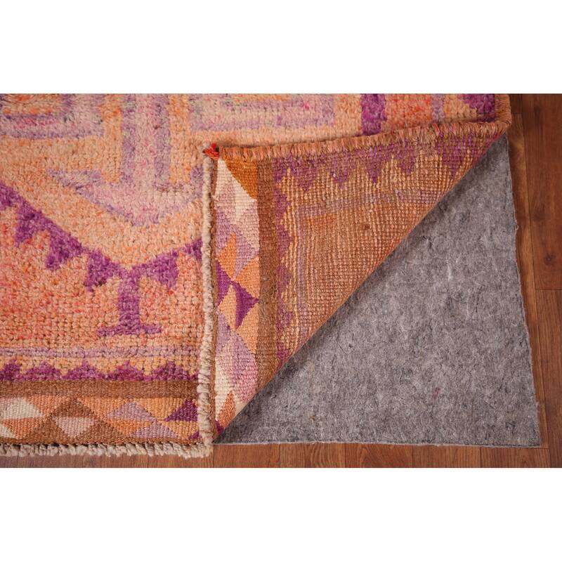 Geometric Oushak Oriental Vintage Runner Rug Hand-Knotted Wool Carpet - 3'6"x 10'4"