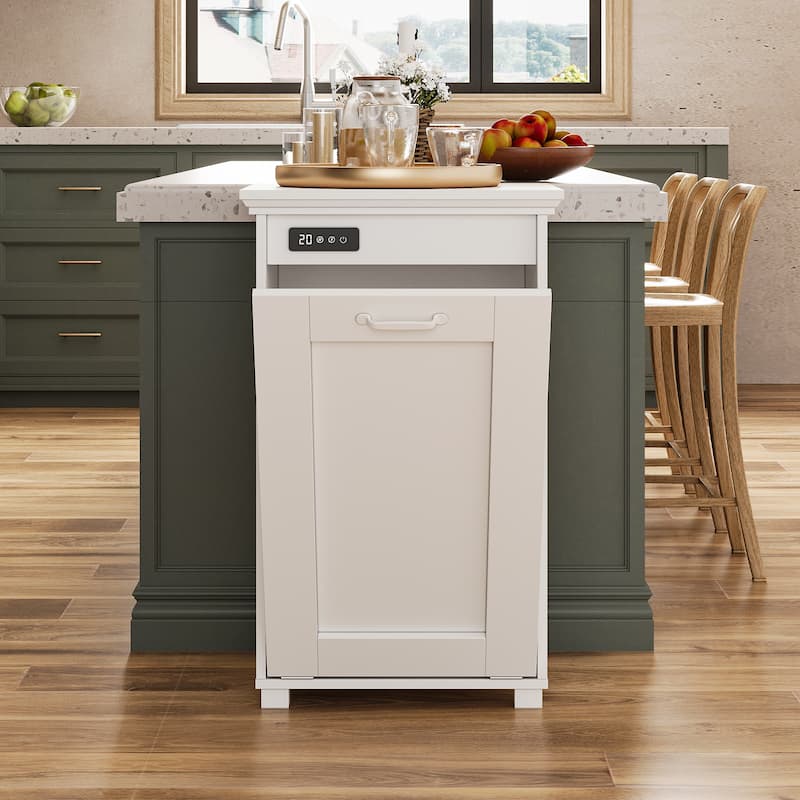 Tilt Out Trash Cabinet with Ozone Odor Control, Wooden Hidden Garbage Bin Cabinet for Kitchen, Laundry Hamper Cabinet