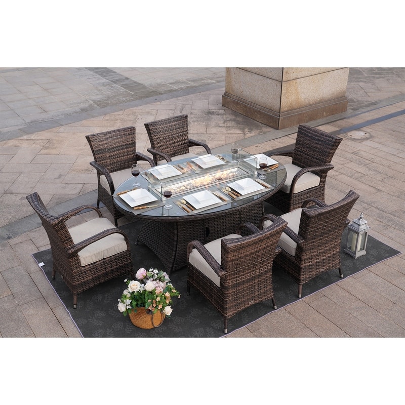 7-Piece Outdoor Wicker Dining Set with 6 Arm Chairs - N/A