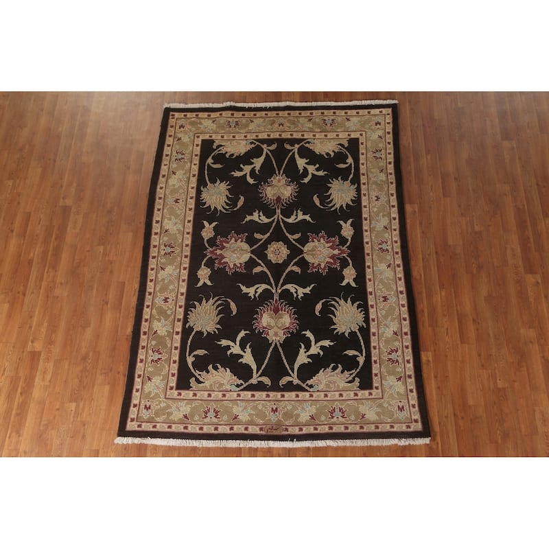 Black Floral Oushak Oriental Area Rug Hand-Knotted Wool Carpet - 5'5" x 7'9"