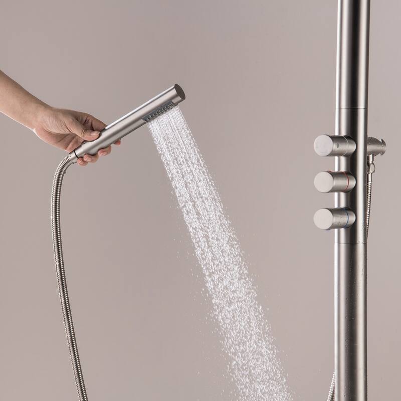 Freestanding Outdoor Shower System for Backyard/Garden/Poolside/Beach, Floor Mounted Shower Faucet with Shower Head & Handheld