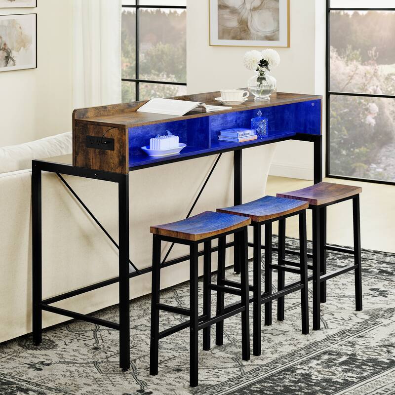 Counter Height Bar Table Set with Power Socket & LED Light, Farmhouse 4-Piece Dining Table Set with 3 Saddle Stools