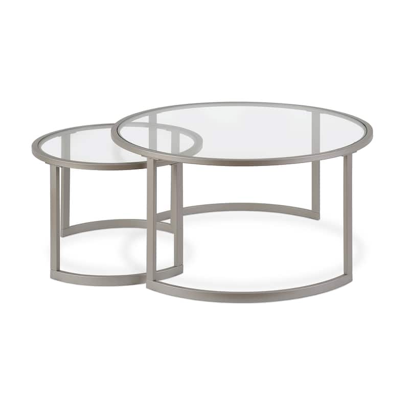 Set of 2 36" Glass And Steel Round Nested Coffee Tables - 36” x 36” x 18” - Nickel