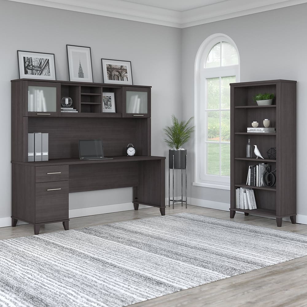 Somerset 72W Office Desk with Hutch and 5 Shelf Bookcase in Ash Gray
