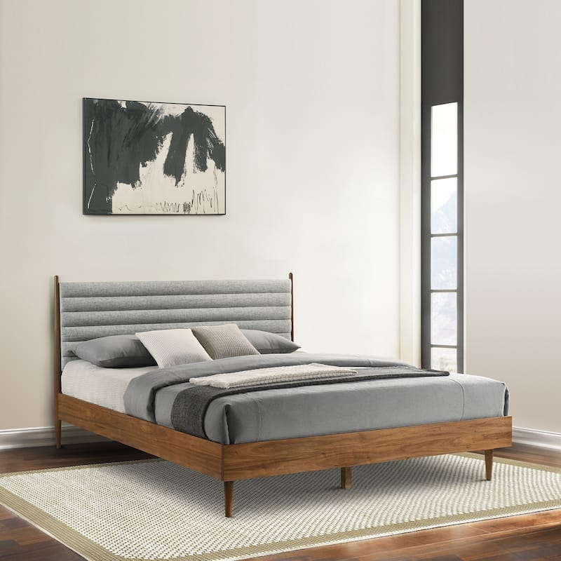 Artemio Black or Walnut Wood King Platform Bedframe with Grey Upholstered Headboard - Walnut