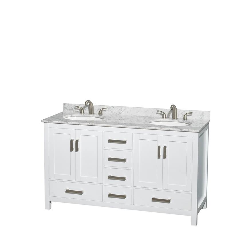 Wyndham Collection Sheffield Double Vanity Set - 60-Inch Double - White, White Carrara Marble Top, Chrome Trim
