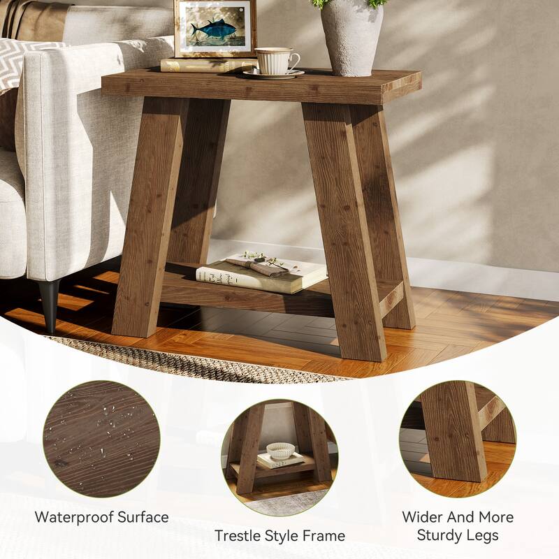 Solid Wood End Table, Small Side Table with 2-Tier Storage Shelf for Living Room, Easy Assembly