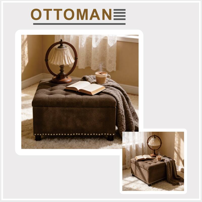 Square Tufted Upholstered Storage Ottoman with Nailhead Trim