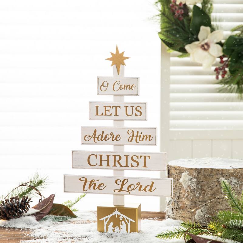 Glitzhome Wooden JOY Nativity Xmas Table Tree Centerpiece Home Decor