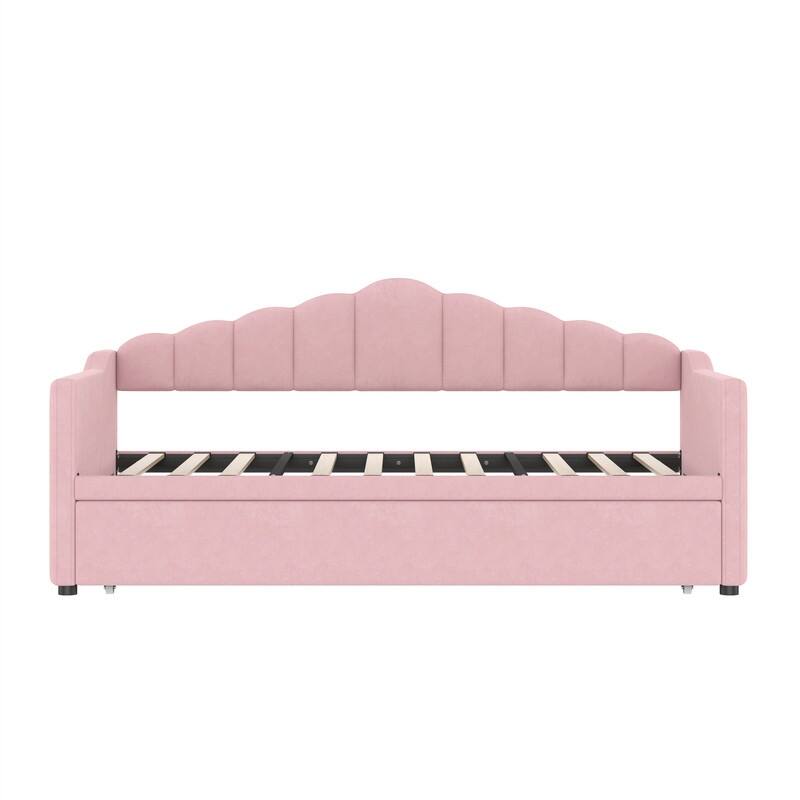 Twin Size Daybed with Adjustable Height Pop Up Trundle and USB Charging Port, Upholstered Sofa Bed Frame with 2 Side Pockets