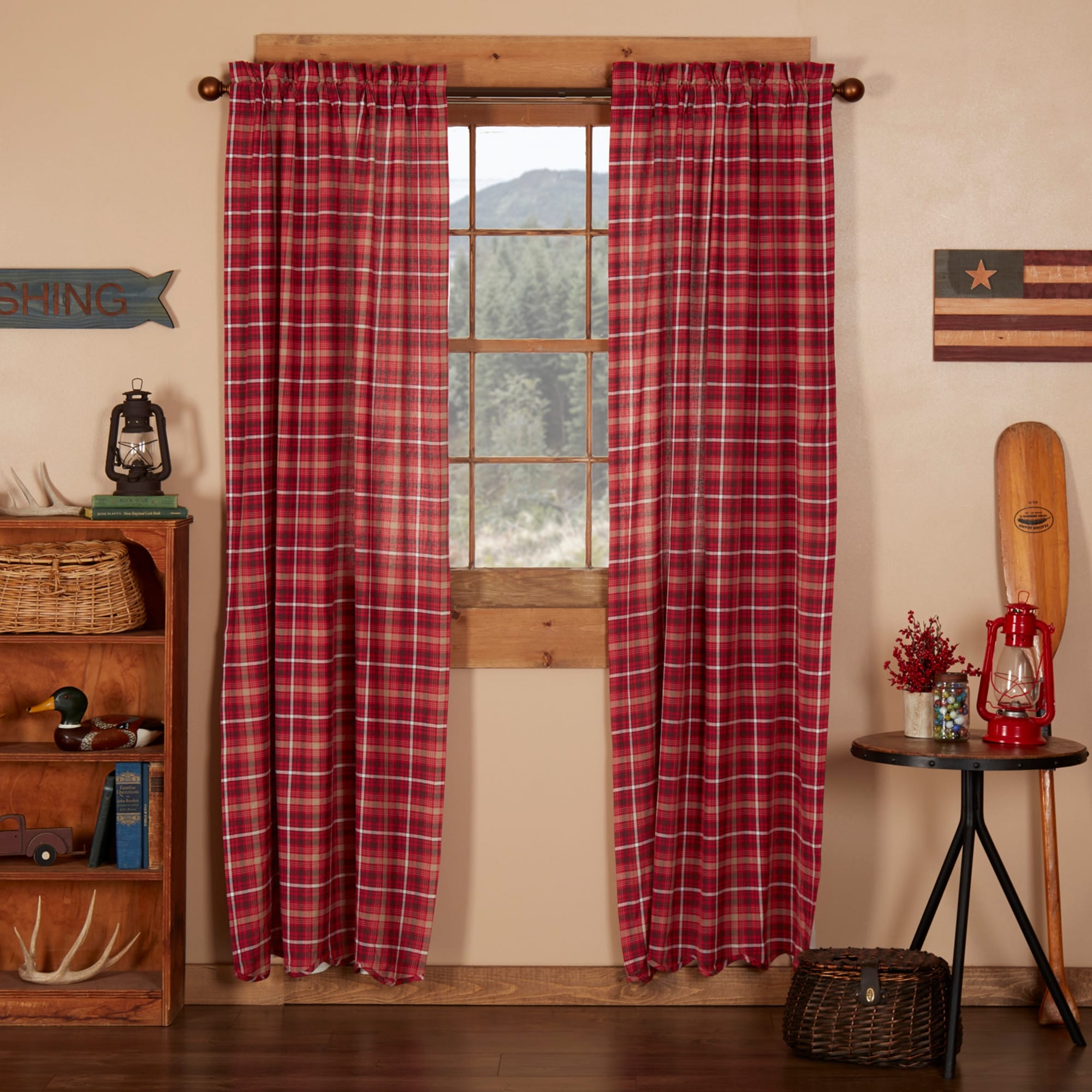 TARTAN RED PLAID Panel Set Lined Country Plaid Rustic Cabin Lodge Green 84x40 