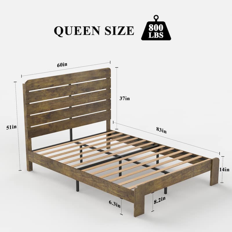 Dark Brown Bed Frame Wood Platform Bed Frame with 51"H Headboard/Black Metal Frame/Wood Slats Support/Noise Free/Easy Assembly