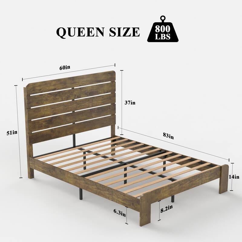 Wooden Bed Frame Full/Queen/King Size Platform Bed with Headboard and Wood Slats Support Mattress Foundation, Under Bed Storage