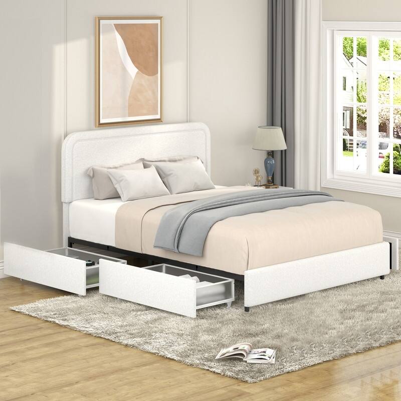 Queen Upholstered Platform Bed Frame With Tufted Headboard And 4 Storage Drawers,Ivory