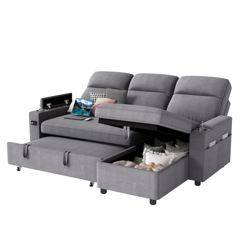 Moasis 81" Sectional Sleeper Sofa with Pull Out Bed & Adjustable Backrest and Power Outlets