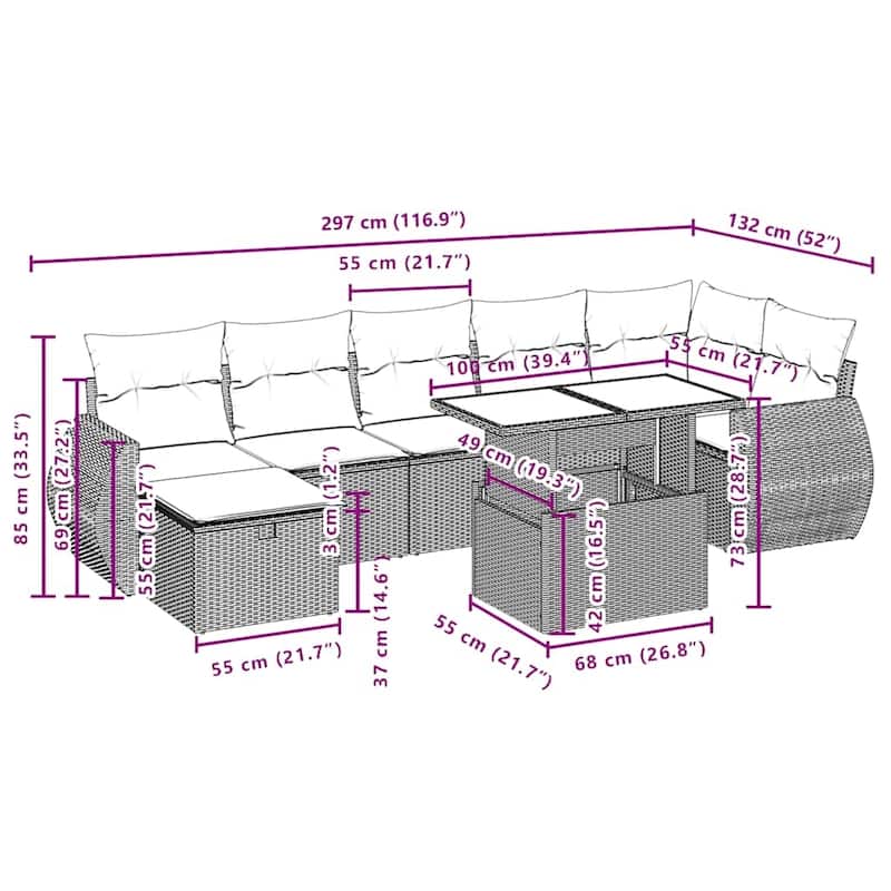 vidaXL Patio Sofa Set with Cushions Sectional Couches 8 Piece Poly Rattan - 24.4" x 24.4" x 27.2"