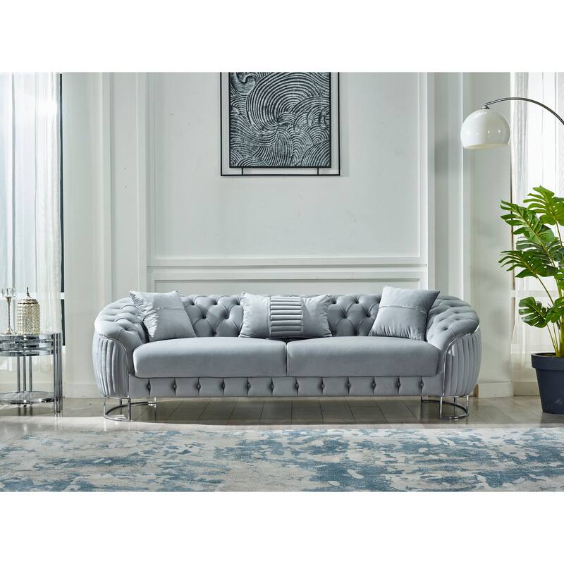 Lunca 89" Wide Metal Leg, Tufted Back Sofa - Light Grey