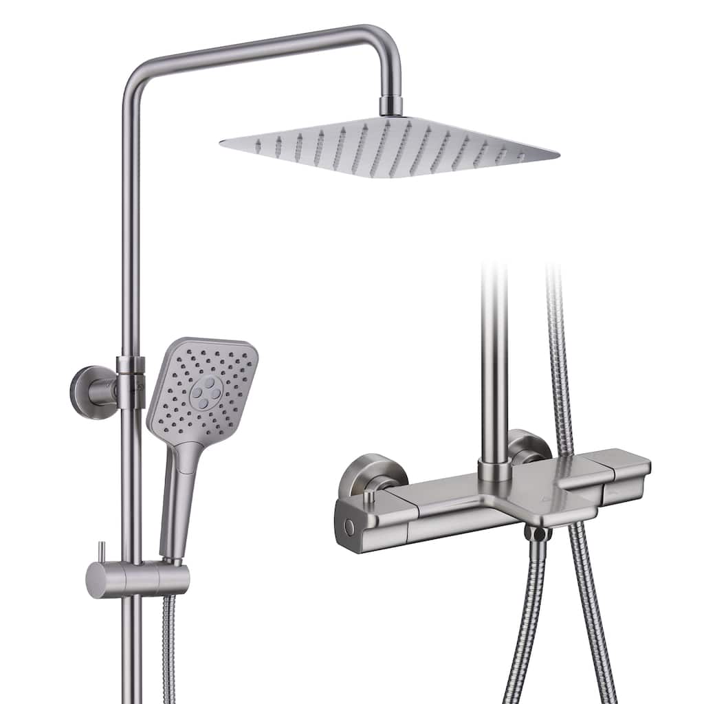 3-Spray Patterns Tub Wall Mount Dual Shower Heads Thermostatic Shower Faucet - 9.8" x 9.8"