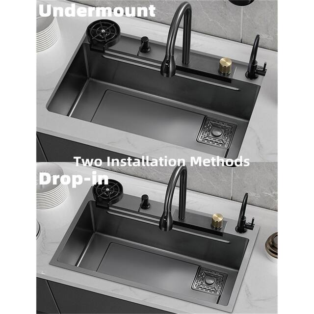 Stainless Steel Drop-in Kitchen Sink Waterfall Faucet and Ac