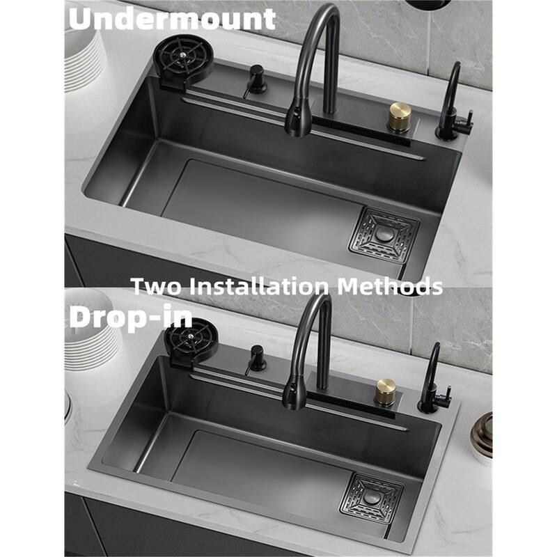 Stainless Steel Drop in Kitchen Sink Waterfall Faucet and Accessories