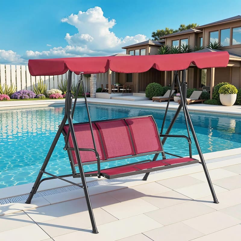 MCombo Outdoor Patio Canopy Swing Chair 3-Person, Steel Frame Textilence Seats Swing Glider, 4507