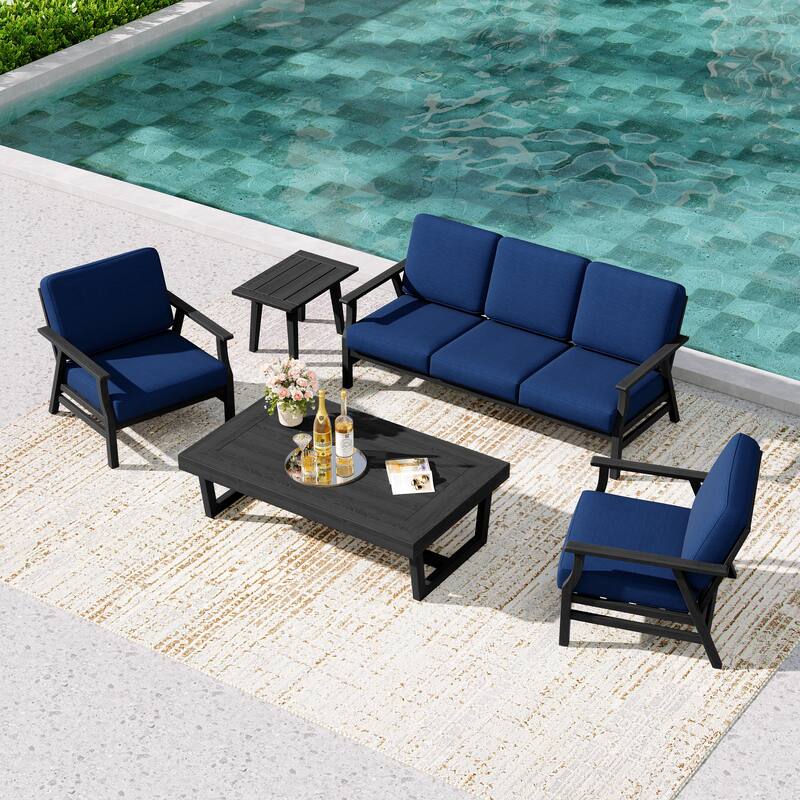 5-Piece Teak Outdoor Conversation Set with Tables. - 5-seat - Navy/Black Wood