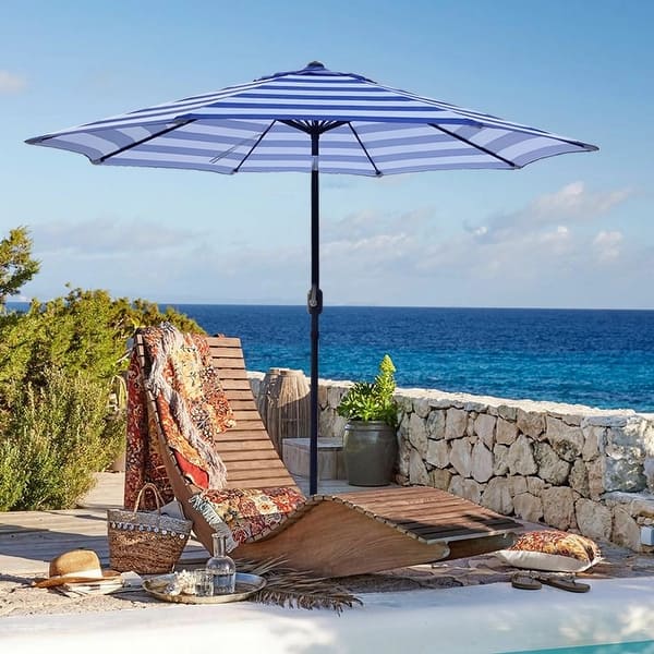 9-foot navy patio umbrella WESTLAKE 9 Ft Solar LED Umbrella, Beige resistant polyester canopy for outdoor use Product Details Canopy Material At Home Navy Blue Outdoor