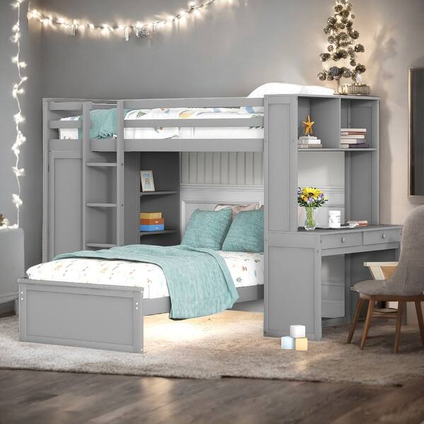 slide 2 of 19, Twin Loft Bed with a Stand-alone bed, Shelves, Desk and Wardrobe, Grey Grey