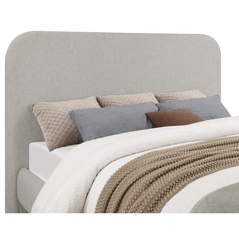 Jene King Size Bed, Upholstered Panel Headboard, Rounded Corners, Gray