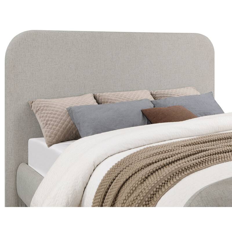 Jene Queen Size Bed, Upholstered Panel Headboard, Rounded Corners, Gray