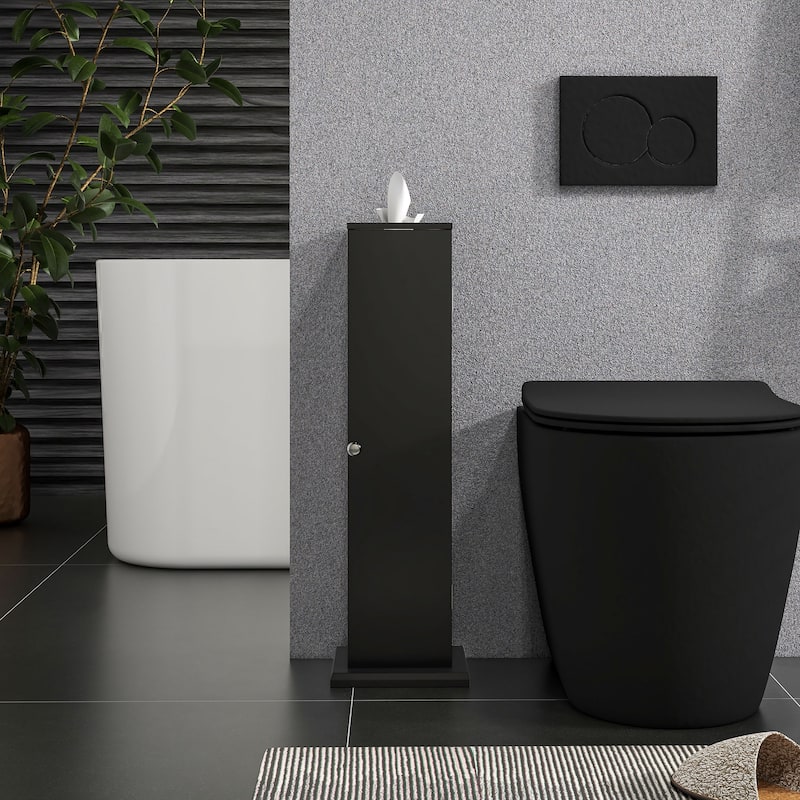 Toilet Paper Cabinet,Small Bathroom Corner Floor Cabinet with Doors and Shelves,Thin Storage Bathroom Organizer - Black