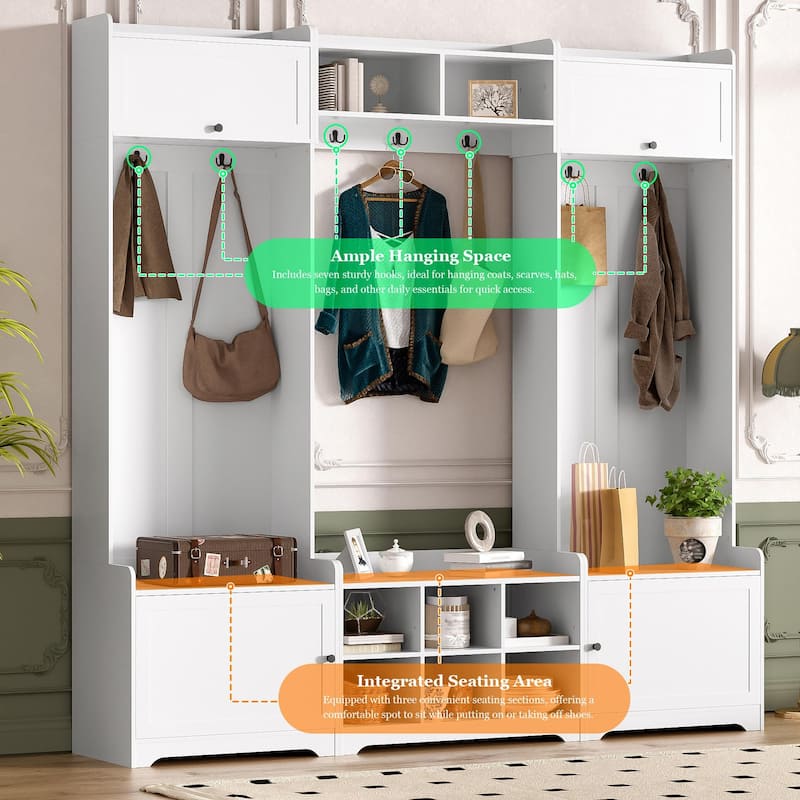 79.1'' Wide Modern Hall Tree with 8 Cubbies, 7 Coat Hooks & Adjustable Shelf