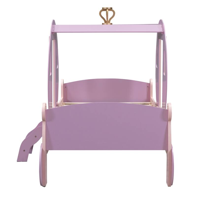 Twin Size Princess Carriage Bed with Crown, Wood Platform Bed with Stairs, Purple and Pink