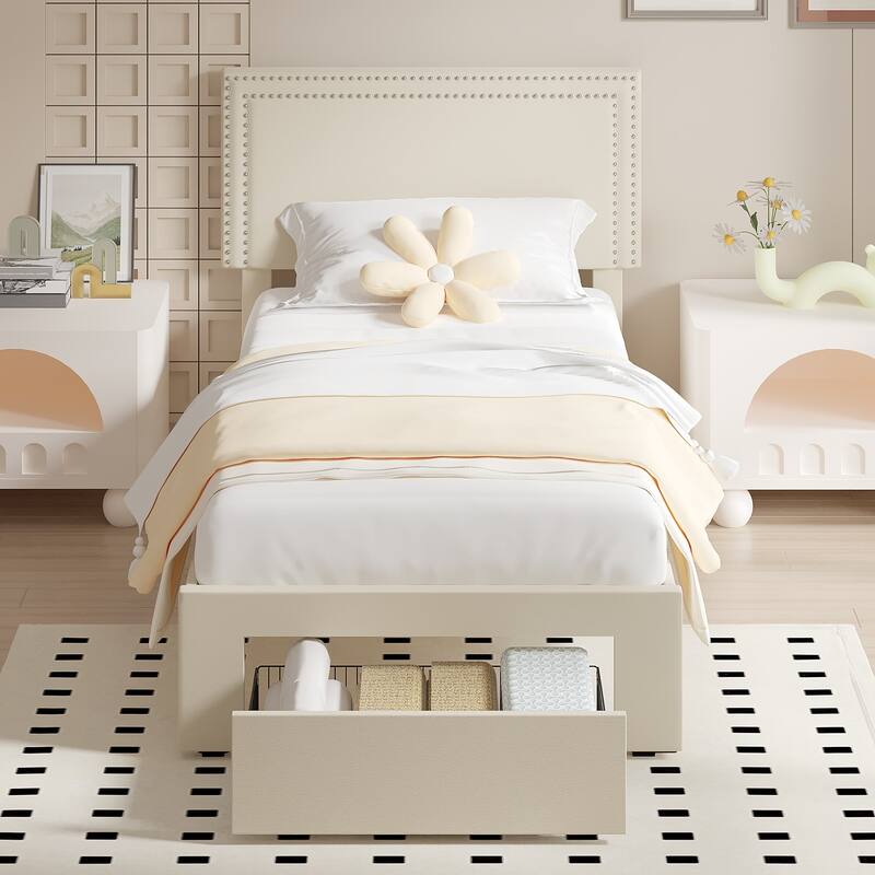 VECELO Upholstered Storage Bed Frames with 4 Storage Drawers, Platform Bed Frame with Adjustable Velvet Rivets Headboard - Beige - Twin