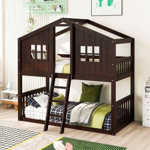 slide 2 of 29, Twin over Twin Bunk Bed Frame with Semi-enclosed House Frame, Windows, Headboard, Ladder, Guardrail - Wooden House Bed Frame聽 Espresso - Twin