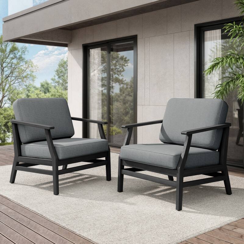 Teak Outdoor Patio Club Chairs Loveseat with Cushions - Black Wood - 2 chairs/Light Grey