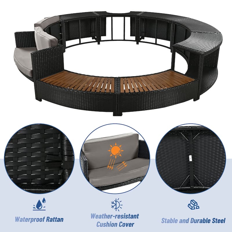 Outdoor Patio Rattan Spa Surround Frame Sofa Set with Storage Spaces, Bench and Cushions