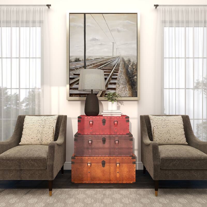 Brown Wood Nesting Upholstered Decorative Trunk with Vintage Accents and Studs (Set of 3)