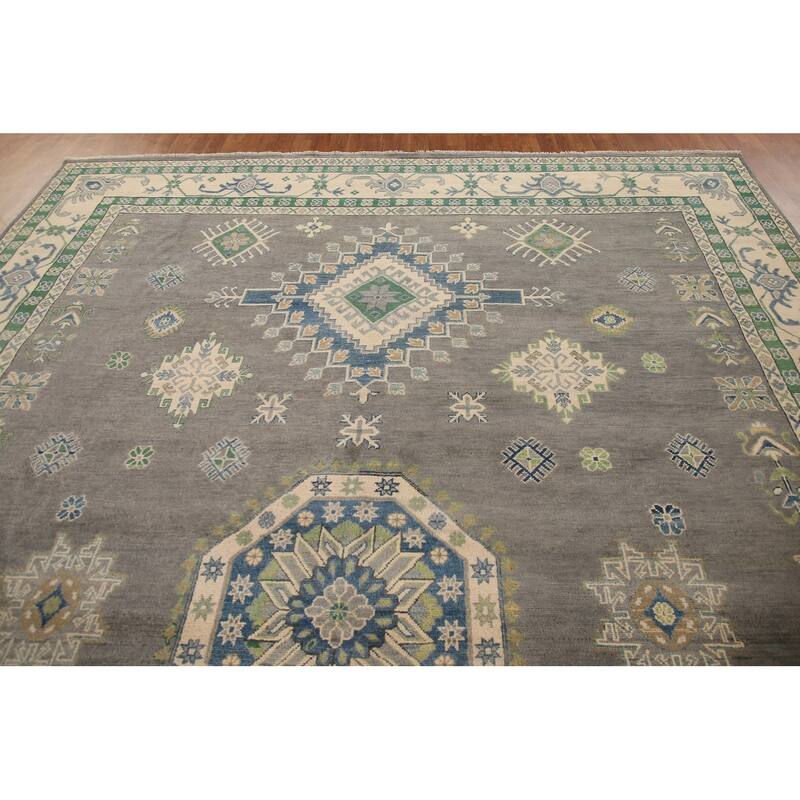 Gray Geometric Kazak Oriental Rug Living Room Handmade Wool Carpet - 9'10"x 13'1"